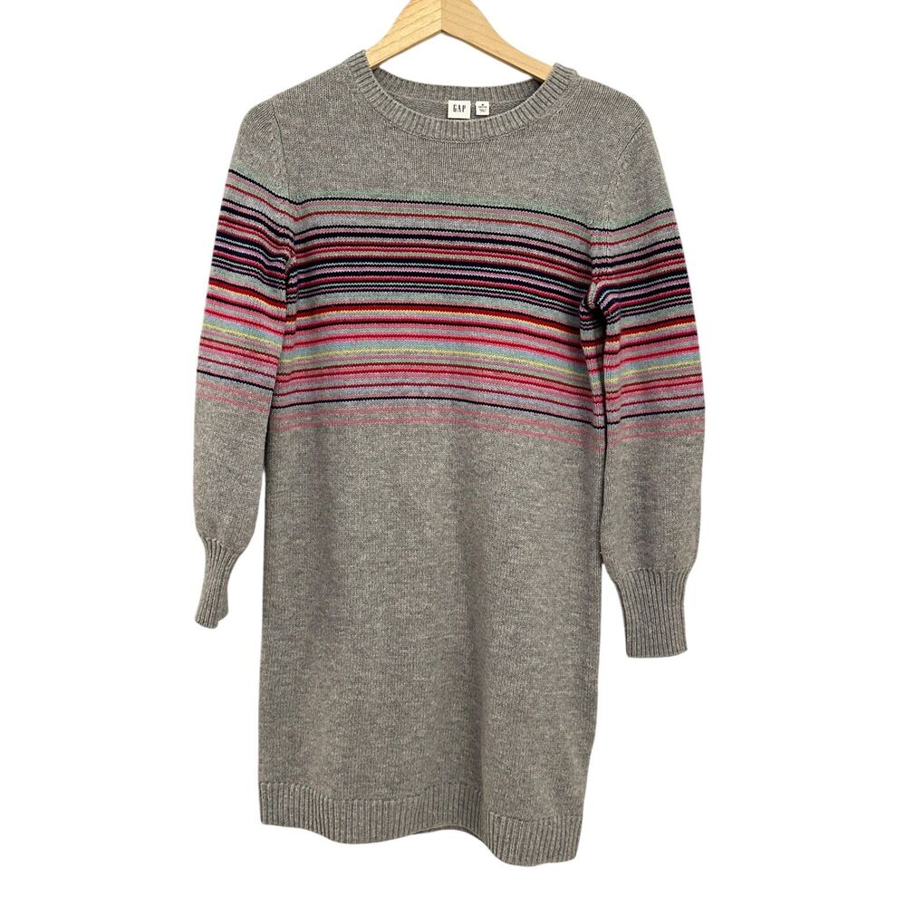 Gap Grey Merino Wool Nylon Blend Crewneck Striped Sweater Dress Size M Petite